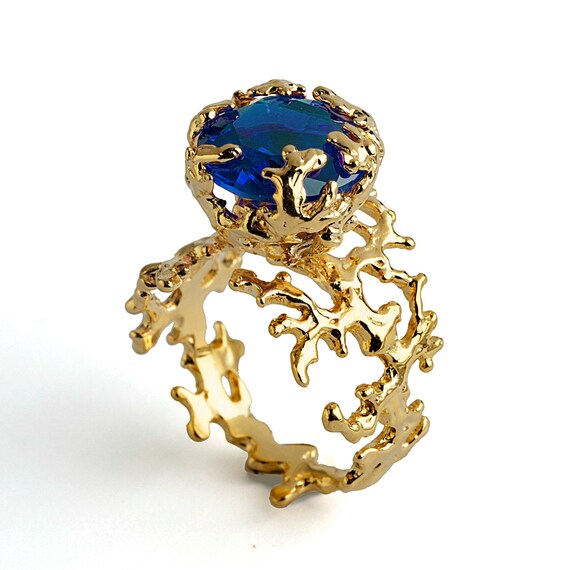 CORAL Blue Sapphire Engagement Ring Statement Ring by AroshaTaglia