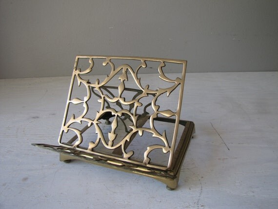 Vintage Brass Book Stand Ornate Solid Brass by southernhomevintage