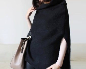 Black wool poncho, women wool cape
