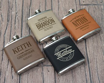 Groomsman Personalized Flask Engraved with Choice of Wedding Pary Design Options including Gift Box (Each)