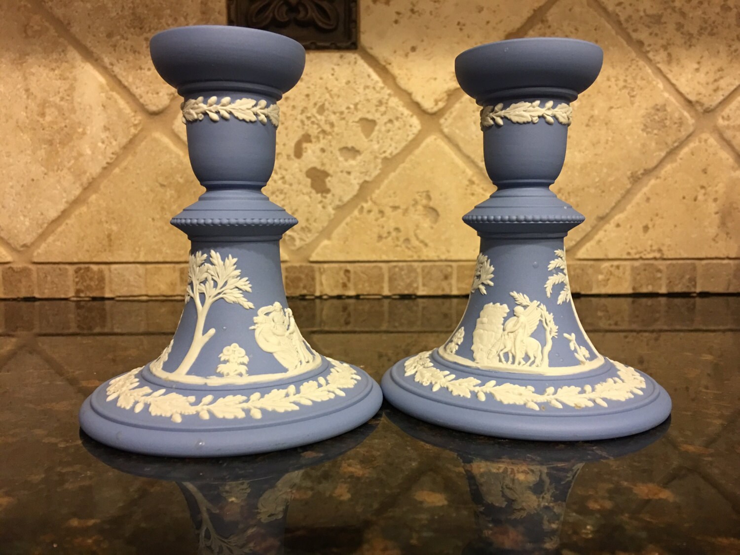 TWO Reading Candlesticks in Cream Color on Lavender Jasperware