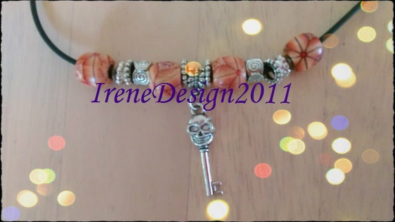 Handmade Leather Necklace with Wooden Beads & Skull Key by IreneDesign2011