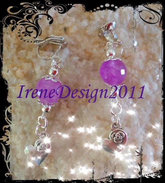 Handmade Silver Clip-On Earrings with Facetted Amethyst & Heart by IreneDesign2011