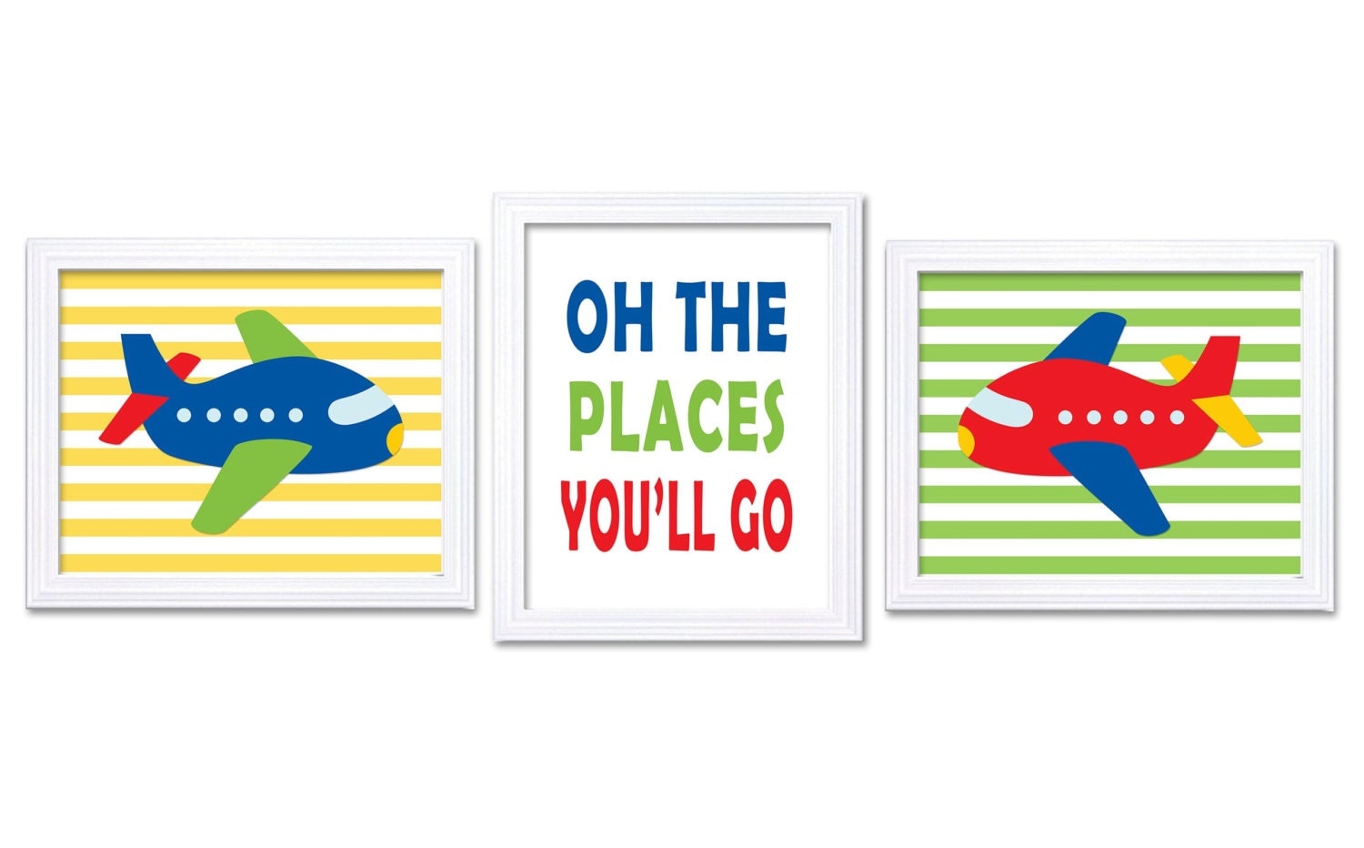 Transportation Airplane Nursery Art Set of 3 Print Oh The Places Youll Go Colorful Red Blue Green Ye