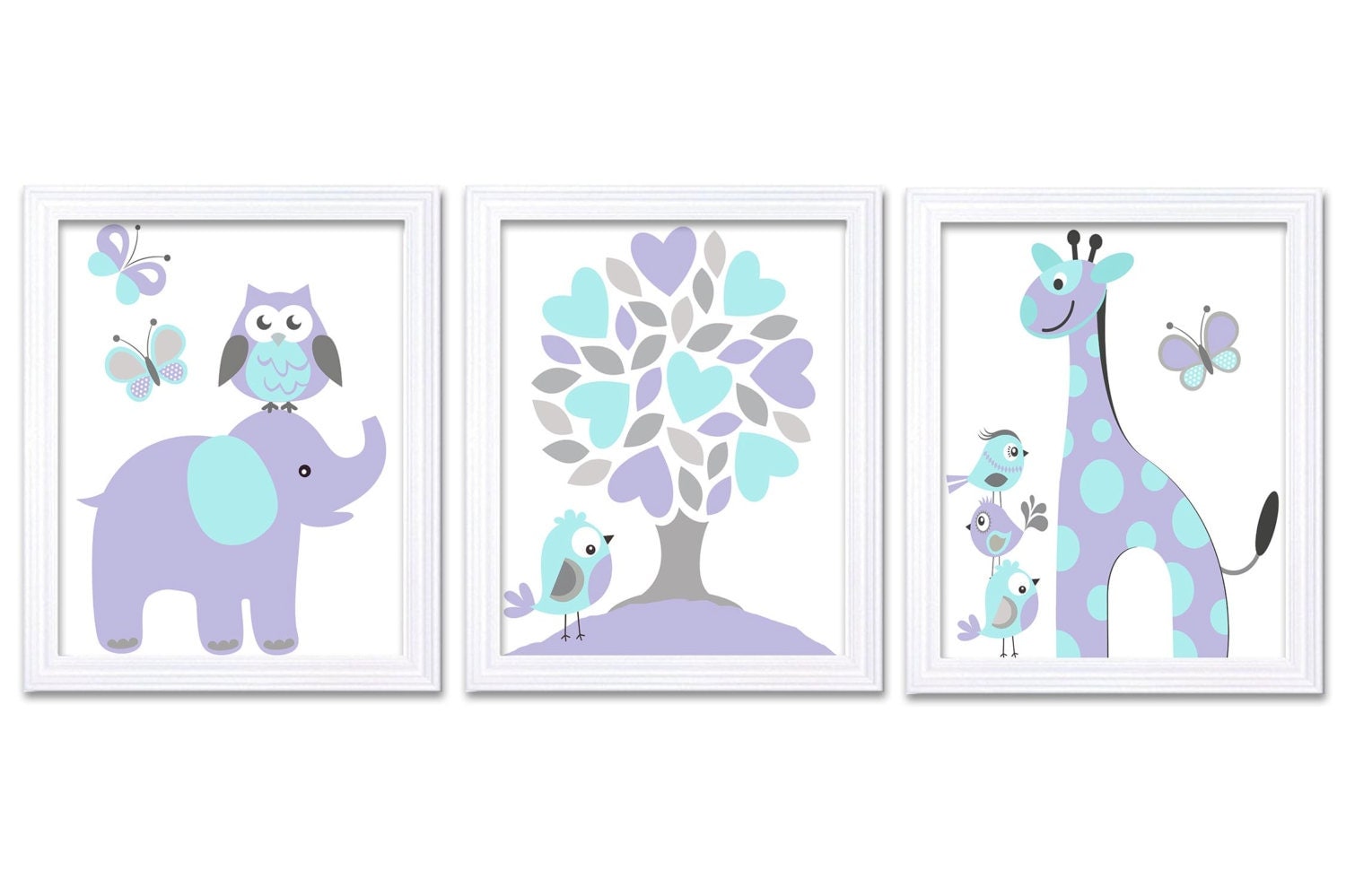 Lilac Purple Turquoise Blue Nursery Art Print Set of 3 Elephant Owl Bird Tree Giraffe Baby Nursery P