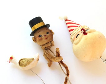 Vintage Blow Mold Snowman Head, Styrofoam Bird and Styrofoam Santa Head on Wire Stems, Vintage Holiday Craft Supply on Wire Stems
