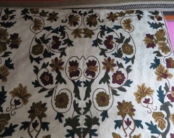 Mint, vintage/ carpet/wallhanging, chain stitchwool, handmade, medallion motifbrowns, cream/64 ins x 30 ins