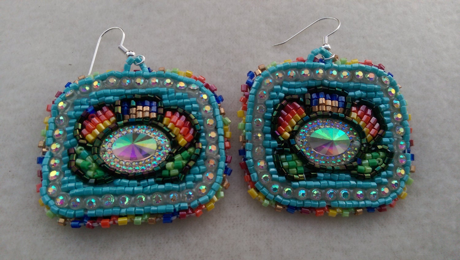 native american beaded earrings with bling center with