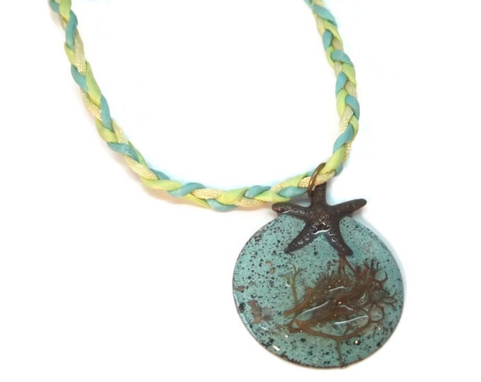 Sand and Sea Starfish and Seaweed Yellow, Blue & Green Pendant Necklace OOAK One of a Kind Beach Wear