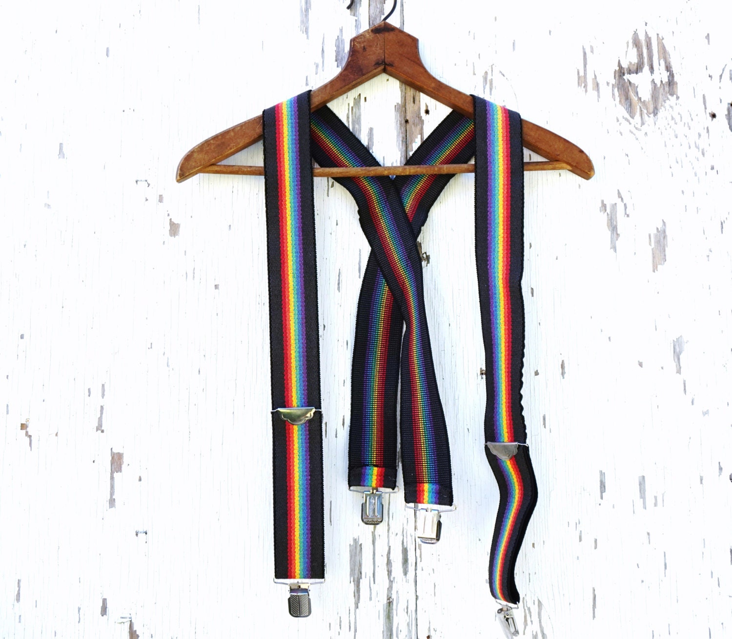 Vintage 70s Wide Rainbow Suspenders ADULT Unisex Clip On Silver