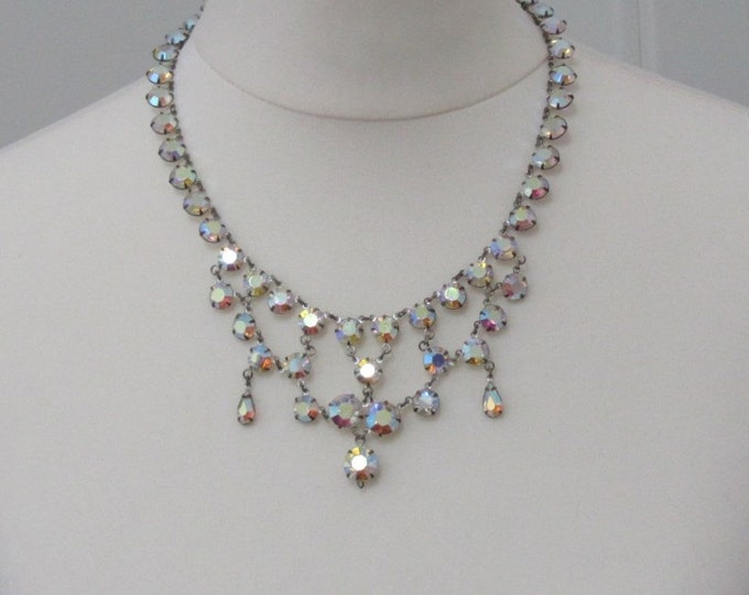 Vintage Bib Necklace AB Crystals Open Back Bezel Set Czechoslovakia 50's