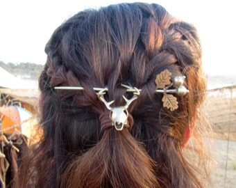 Stag and Oak leaf Hair Pin, Hair Accessorie, Stag Skull Broach, Brass Broach, Hair Pin, Stag hair Broach, Oak hair Accessorie, Stag Broach,