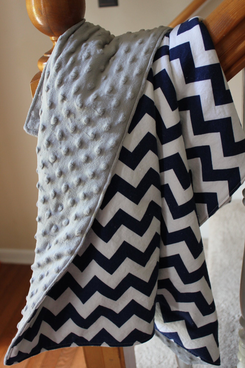 Navy chevron baby blanket with grey minky baby shower gift