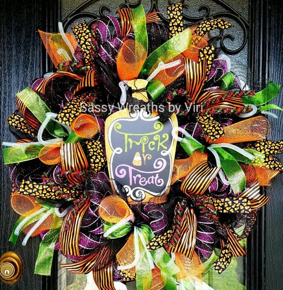 Items similar to Trick or Treat Halloween Wreath/ Potion Bottle Deco ...