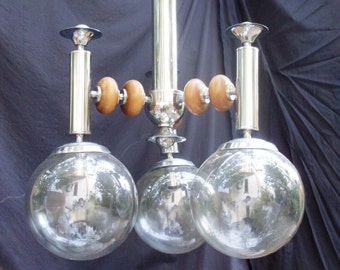 chandelier lighting vintage, lamp chromed metal, retro lamp Italian, clear glass, lighting 3 lamps, with finish lacquered wood, made ITALY