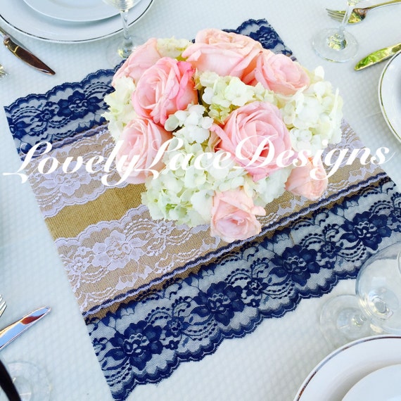 Placemat /Centerpiece /Burlap & Navy/White by LovelyLaceDesigns