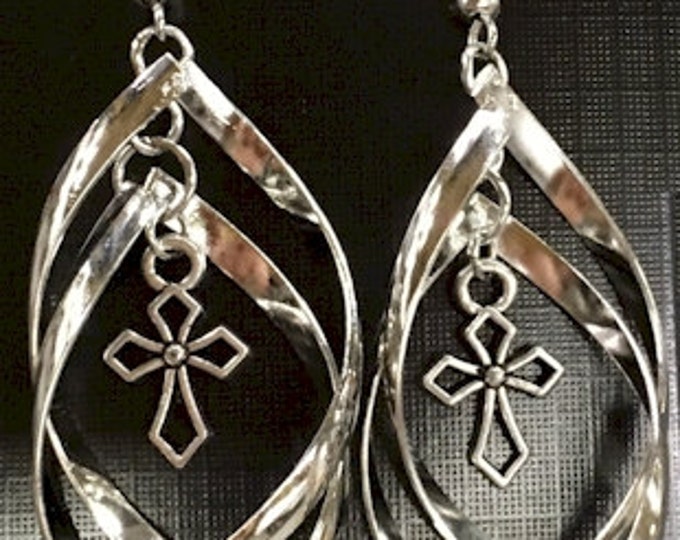 Silver Double Twist Hoop with Hollow or Classic Cross Earrings Long Drop Dangle Womans Girls Christian Jewelry - Saint Michaels Jewelry