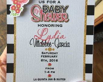kate spade, baby shower, its a girl, black and gold, flowers, Set of 10