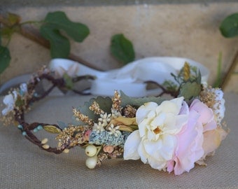 Dusty Teal, Blush & Ivory Flower Crown - Dusty Teal and Blush Pink on a rustic looped halo - Photo Prop - Bridal Crown- Flower Girl Crown