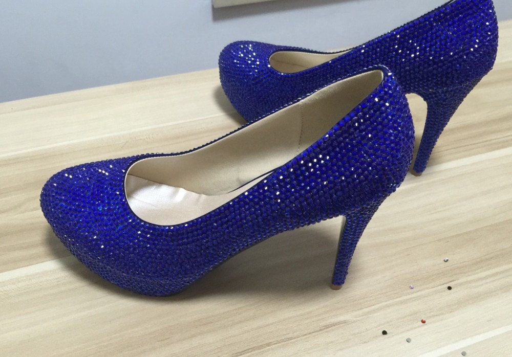 Blue Shoes Women Pumps Heels Blue Crystal Rhinestone Prom