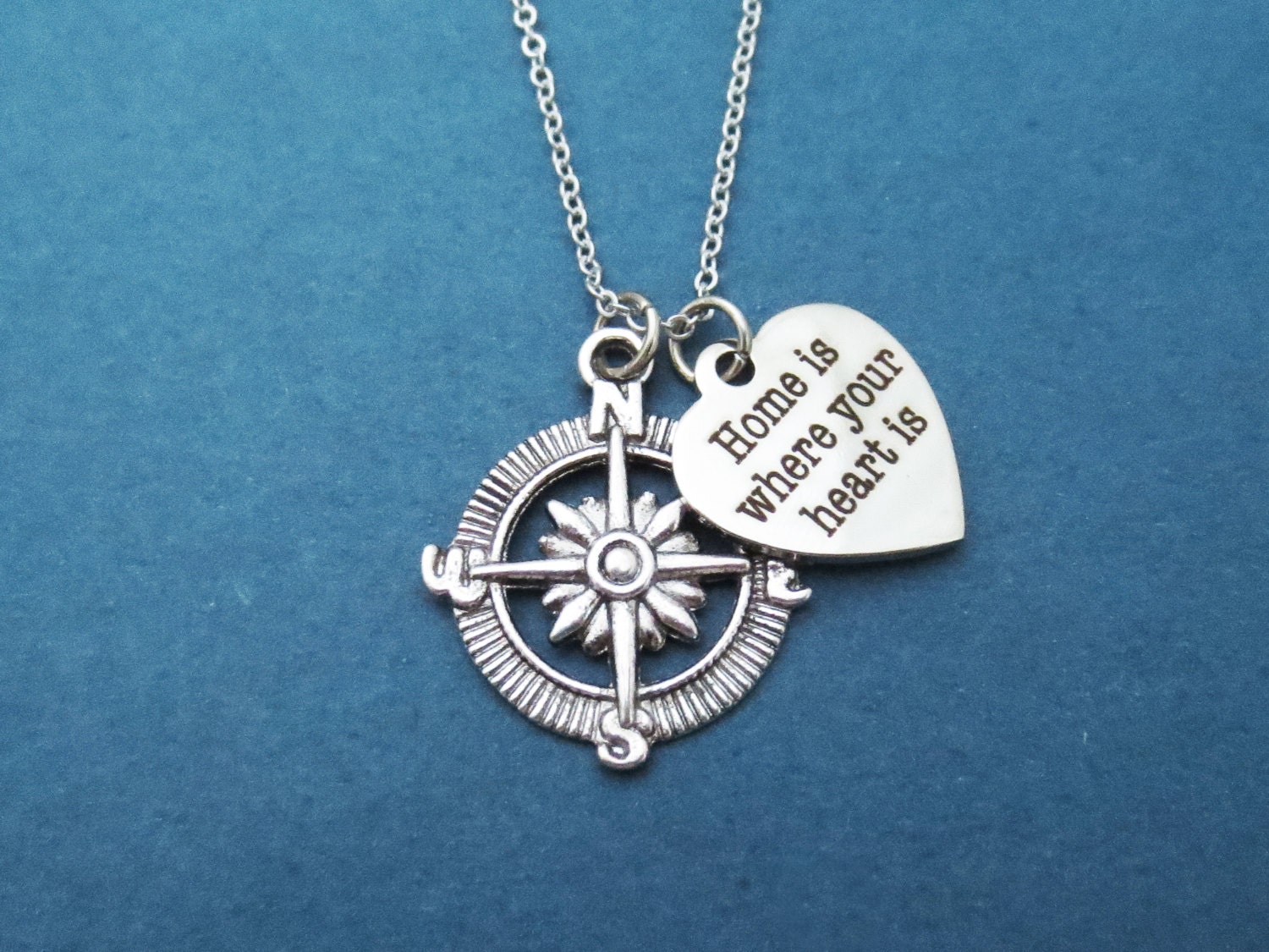 Compass, Home is where the heart is, Silver, Necklace, Heart, Compass