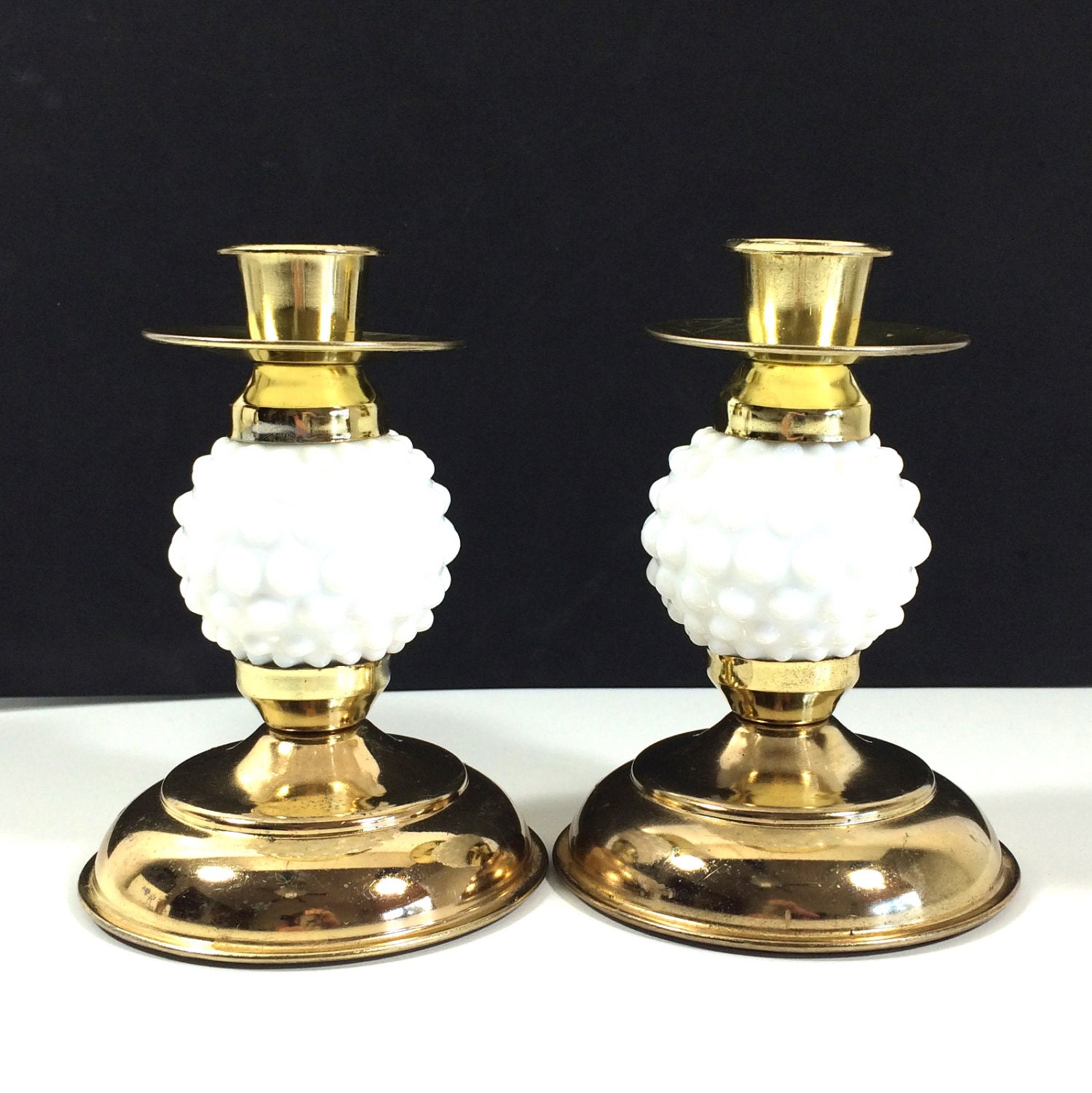 Pair Of Vintage Brass Candle Holders With Milk Glass Hobnail