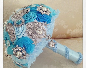 Bridal Brooch Bouquet , Turquoise Bridal Bouquet, Wedding Bouquet, Bridal Accessories, Bridesmaids Flowers