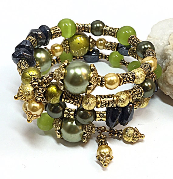 Yellow Green & Black Wrap Bracelet Beaded Memory Wire