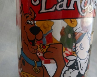 Vintage 1983 Hanna barberra products LA Rosa's pizzaria Luigi and friends water glass with Scooby doo Fred Wilma flintstone and yogi bear