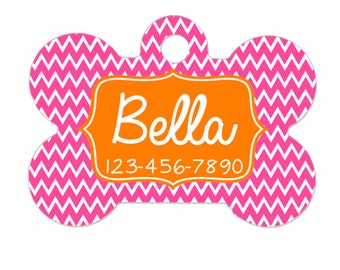 Personalized Bone Dog Tag - Custom Pet ID Tag - Pink Orange Chevron