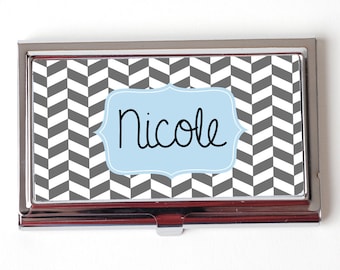Personalized Corporate Gift - Gray Herringbone Business Card Case