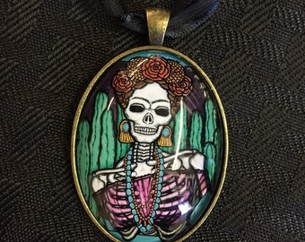 Day of the Dead necklace, "Frida y Nopalitos"