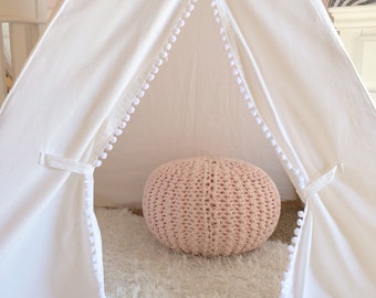 Kids Teepee Tent White Canvas with White Pom Pom fringe - Childrens teepee, nursery, playroom, first birthday gift, pom teepee, white tipi