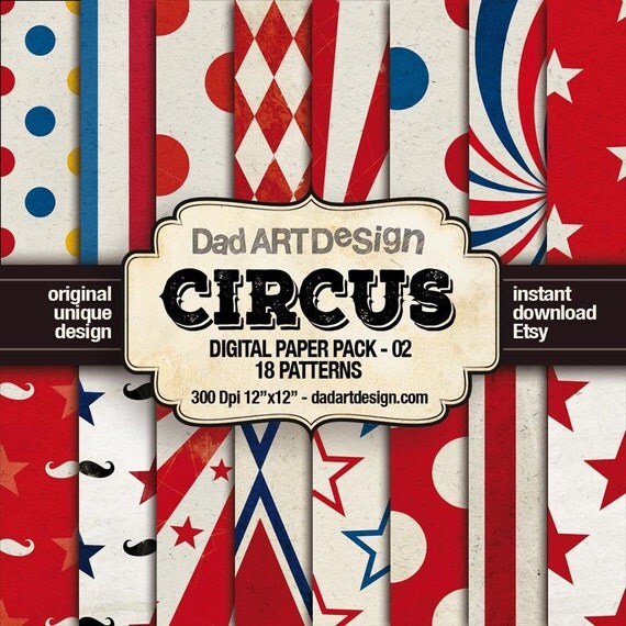 Circus Patterns Digital Paper Pack 02  |  Wallpapers  |  backgrounds  |  scrapbook supplies  |  clipart  |  instant download