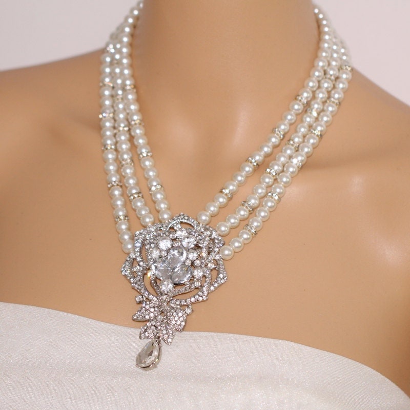 Brooch necklacebridal pearl necklacerhinestone flower by PearlOnly