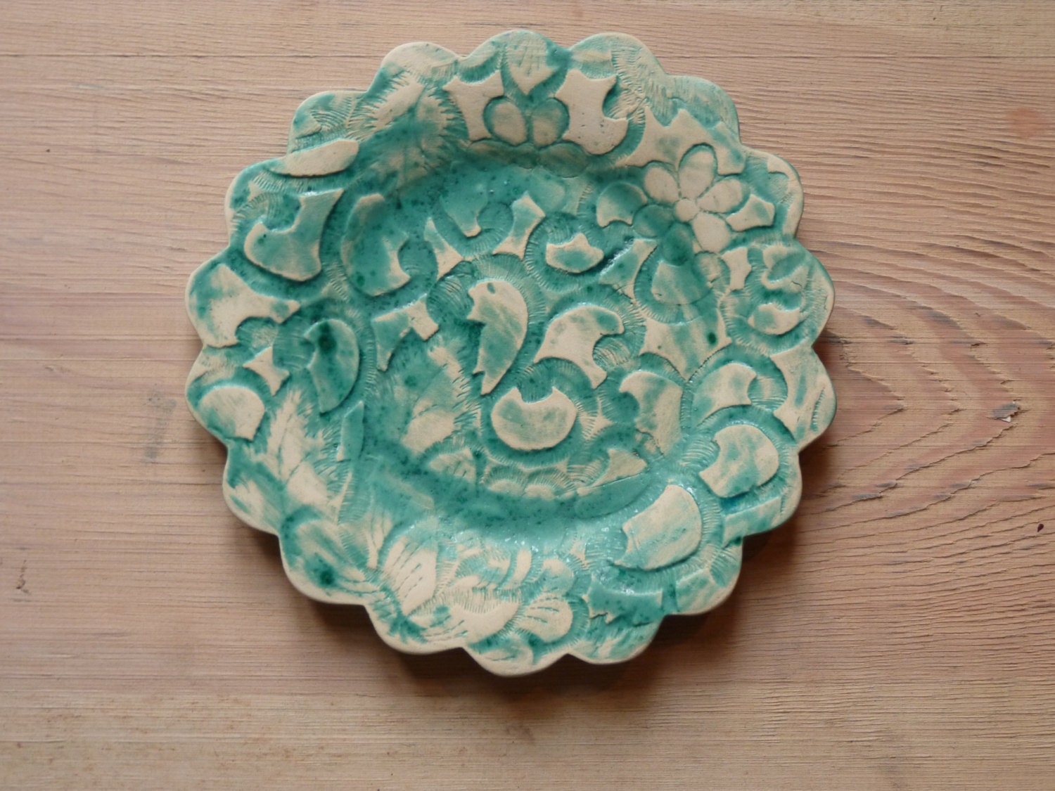 Decorative plate Turquoise ceramic plate lace plate by FoxRosalita