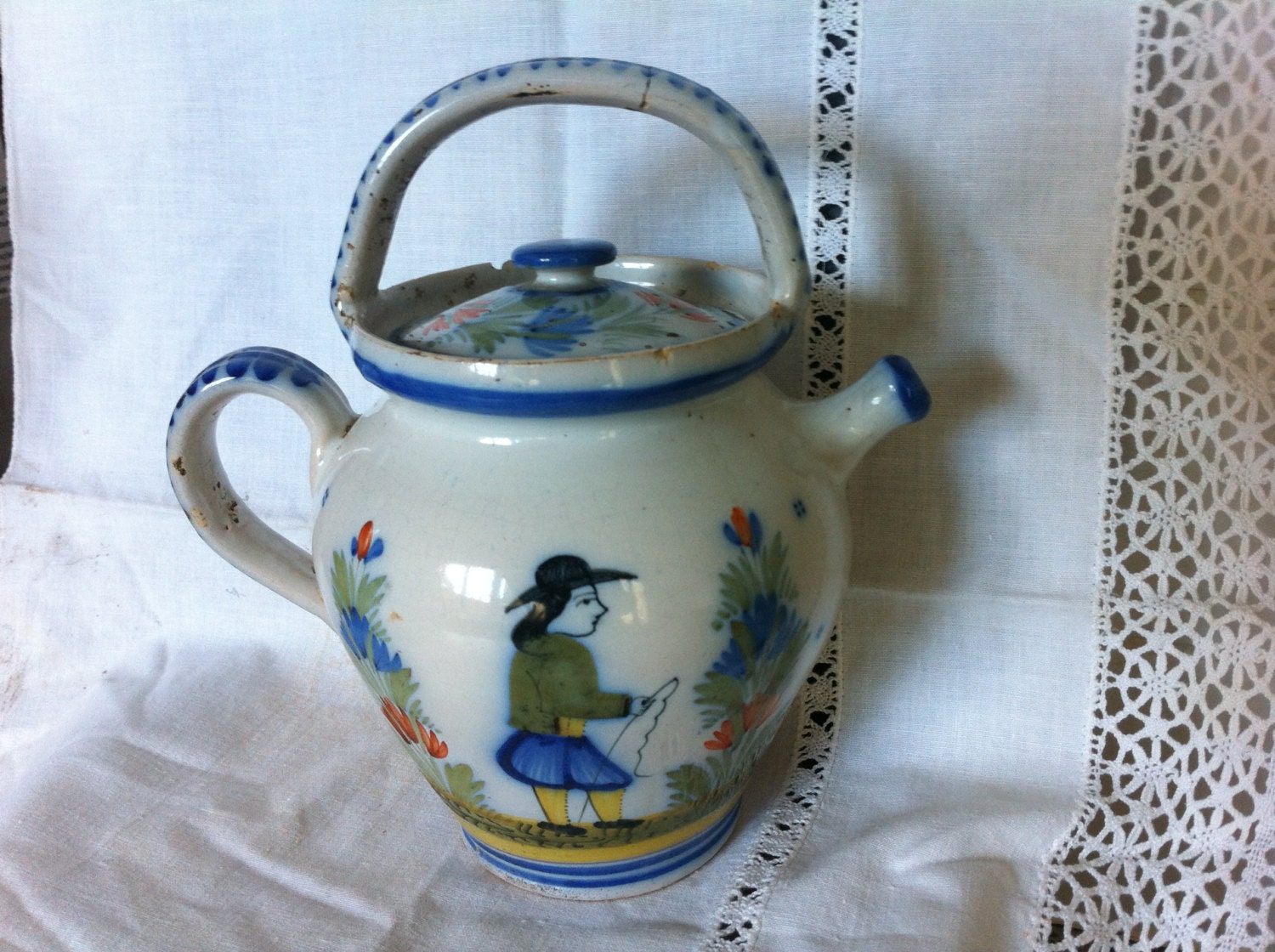 French Antique Quimper Pottery TeapotHand paintedsigned