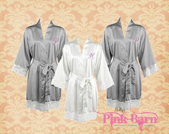 SALE Ships in 10 Days Gray Lace Satin Personalized Set of 10 SATIN Bridesmaids Robes Gift Maid of Honor Gift