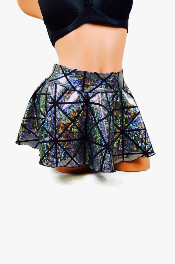 Black and silver Holographic mini skater skirt / rave costume