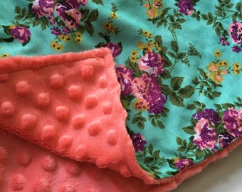Floral Nursery, Coral Nursery, Baby Blanket, Turquoise, Minky Baby Blanket, Floral baby blanket, amy butler floral, modern nursery, gift