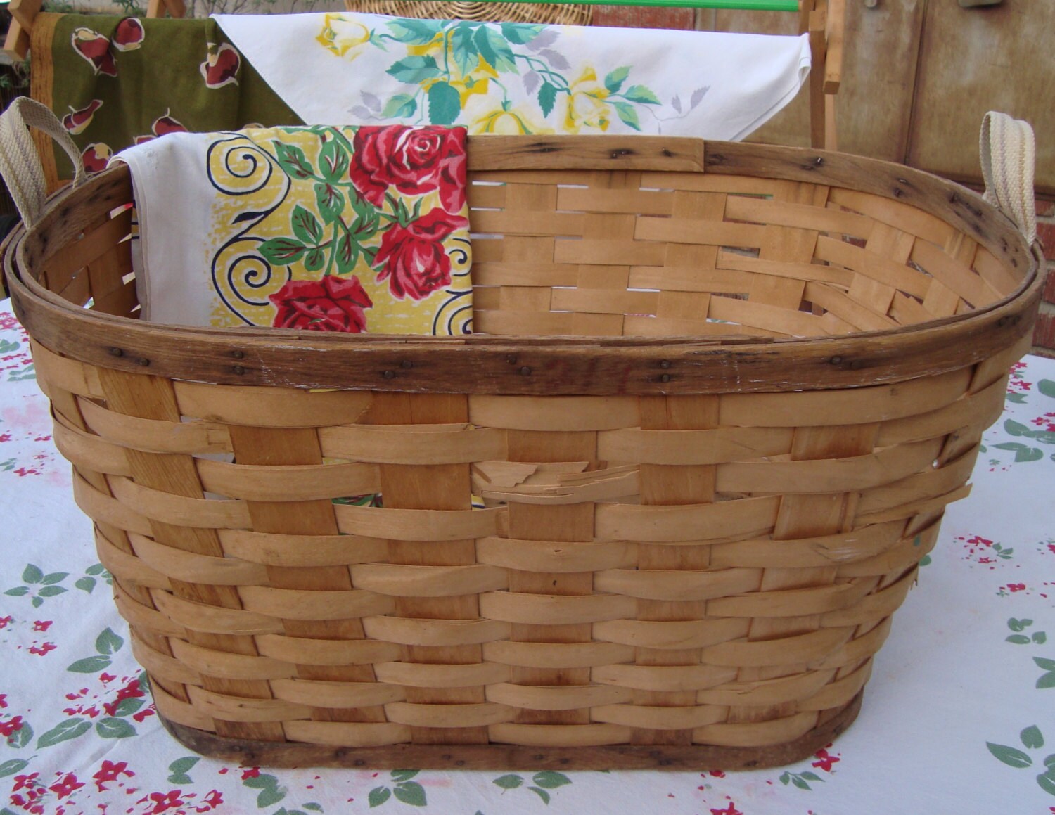 Charming Vintage Laundry Basket Woven Wood Slats Canvas Handles Redman