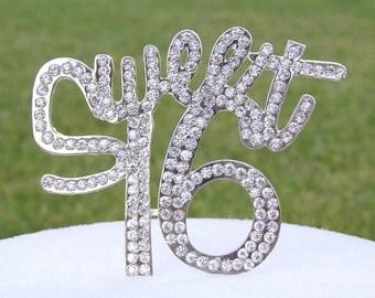 Sweet 16 Cake Topper - Crystal Rhinestone Silver Sweet Sixteen Birthday Cake Top Gift 16th Party Anniversary Centerpieces CT162