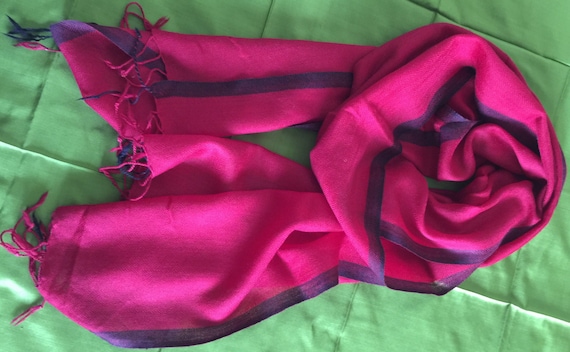 Red Semi Pashmina Cashmere scarf woven with narrow grey border for men women. Unisex. Soft Warm Comfortable