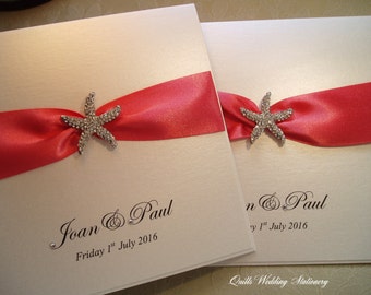 Bayswater. Beach Wedding Invitation with Crystal Starfish. Various Colour Options for Satin Ribbon.