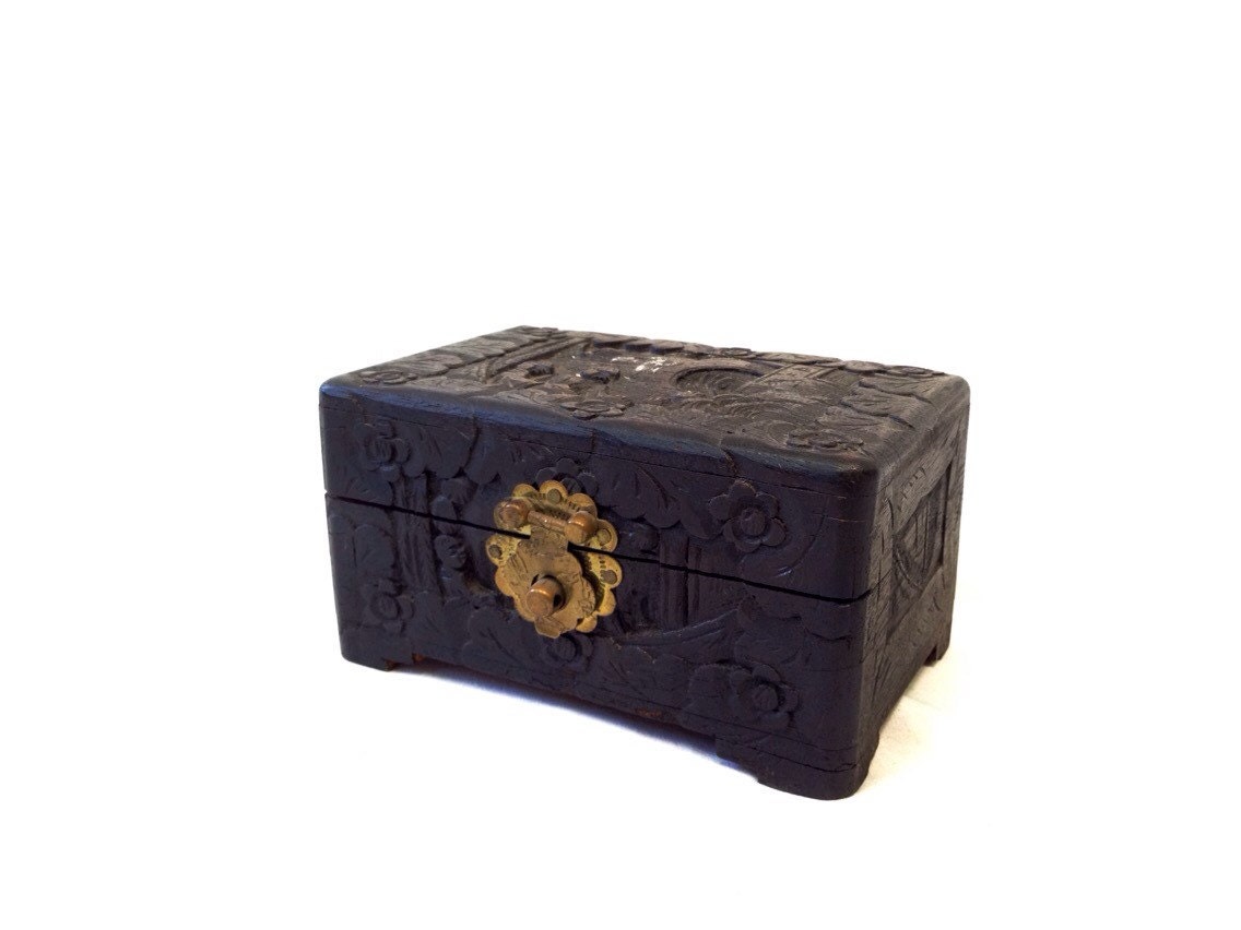 Vintage Asian Carved Wooden Box Small Box Brass Hardware Made in Hong
