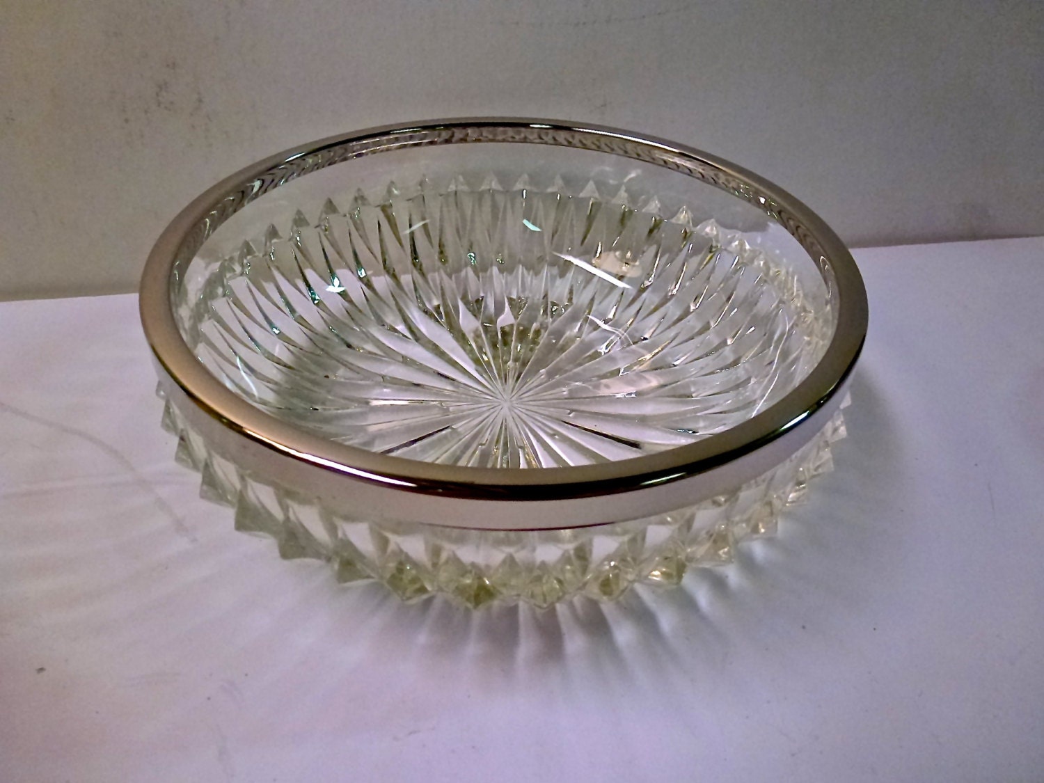 Silver Rim Crystal Glass Bowl Hand Made In