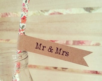 16 Paper Straws with Kraft 'Mr & Mrs' Flags - Wedding, Engagement, Party