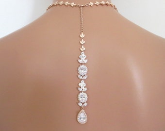 Backdrop Bridal necklace, Rose Gold back drop necklace, Wedding jewelry set, Rose gold necklace, Wedding necklace set, Rose gold earrings
