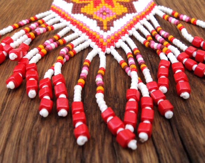 Ethnic dainty beaded necklace Gerdan with national Ukrainian pattern, seed bead necklace, beaded adornment, colorful pendant