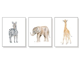 Nursery Art Prints Safari Nursery Print Baby Animal Print Jungle Nursery Decor Child Room Print Baby Elephant Zebra Giraffe Set of 3 Prints.